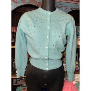 VINTAGE LAMPL AQUA BLUE STUDDED CARDIGAN SWEATER S